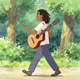 side shot of a man with dreadlocks walking while playing the guitar with trees in the background, in watercolor style, animation, concept art