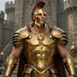 gigachad spartan in ancient castle, gold armour, herculean bulging muscular figure, beautiful gigachad, soft lighting, highly detailed face!!, sharp focus, artstation, by gaston bussiere, augustus edwin john and john singer sargent and greg rutkowski