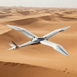 futuristic ornithopter with articulated flapping wings flying over a beautiful desert with dunes, by moebius and greg rutkowski
