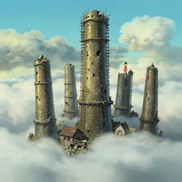 a wholesome animation key shot, thin cylindrical towers of ancient crumbling masonry, scaffolding, cracks, rubble, makeshift houses, rise above clouds, studio ghibli, pixar and disney animation, sharp, illustration by mandy jurgens and alphonse mucha and ruan jia, cold color palate, bloom, dramatic lighting
