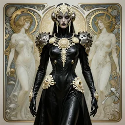 gears of war cyborg, black leather garment with art nouveau ivory accessories, cyberpunk, darksynth, luxury, concept art by jama jurabaev, extremely detailed, ominous, ethereal, artstation, andree wallin, edvige faini, balaskas, alphonse mucha