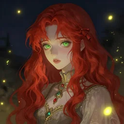 red haired girl, among fireflies, pale gentle face, green eyes, highly detailed intricate romantic outfit, sharp, 8 k ultra realistic illustration, digital art by sakimichan, trending on artstation