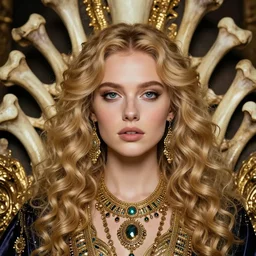 eyes wide shut, portrait photo of girl on bones throne, persian empire, blonde, curly hair, clean face, big eyes, symmetrical beautiful face, smooth skin, jewelry, native costume and accessories,, ecstasy, fashion editorial photography, hyperrealistic, from vogue magazine, ultra realistic, artgerm, reflections, gold intricate, 5 0 mm lens, icm