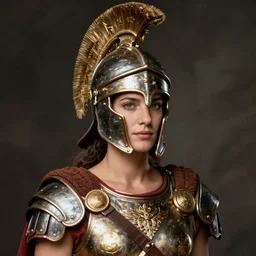 portrait of female roman gladiator with helmet and armor, color photograph by annie leibovitz
