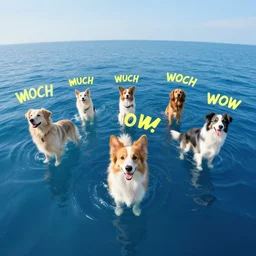 Floating doggos saying MUCH WOWover a blue ocean, Darek Zabrocki, Karlkka, Jayison Devadas, Phuoc Quan, trending on Artstation, 8K, ultra wide angle, pincushion lens effect.