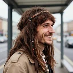 hippy portrait on bus station masterpiece happiness by jim burns cheng hsiao - ron detailed ultrarealistic side view
