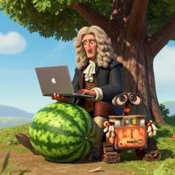 sir isaac newton sitting under a tree on a hill holding a macbook - pro, a big crushed watermelon is lying on the ground next to him, in the style of pixar's wall - e