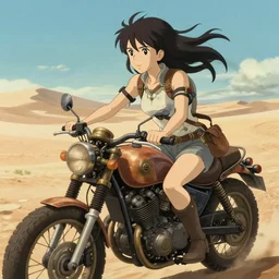 cinematic mid short of an adventurer girl riding a steampunk motorcycle on in a desert, delicate features finely detailed perfect art, gapmoe yandere grimdark, trending on pixiv fanbox, painted by greg rutkowski makoto shinkai takashi takeuchi studio ghibli