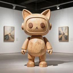 8k octan advertising photo a totally wooden sculpture art toys on feet very cute robot zen with cat ears a contemporary art gallery