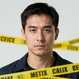 Close up portrait of a man with a crime scene in the background. Photorealistic. Award winning. Dramatic lighting. Intricate details. UHD 8K. He looks guilty.