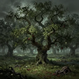 a haunted orchard festered by locusts, concept art, trending on artstation, wlop, ross draws, digital painting, mixed media, intricate details, volumetric lighting