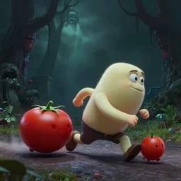 detailed 3 d render of a squash character chasing a tomato figure, hyper realistic octane render, dramatic scene, nightmare, surrealism, pixar, disney, cartoon