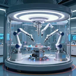 futuristic enclosed medical pod ( glass tank ) contains multiple robotic arms doing precision work inside, a single large glass chamber contains multiple automatic manipulators made of steel, highly integrated futuristic automatic medical care unit in a cyberpunk hospital lab, highly detailed, vibrant, hyperdetailed scifi concept art, artstation, hdr, rtx, octane render, cgsociety, solidworks