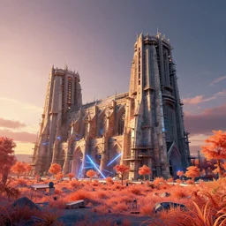 a beautiful detailed rendering of cathedral building industrial architecture by diebedo francis kere, azeroth myst bladerunner 2 0 4 9 at dawn meadow thermal vision reclaimed by nature retrowave infrared studio ghibli at dusk sunlight uv light laser nature hyperrealism sunset, archdaily, wallpaper, highly detailed, trending on artstation.
