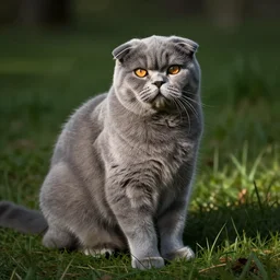 fat gray scottish fold sitting, meadow background, by leonid afremov