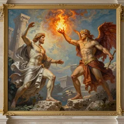 Prometheus stealing fire from the Gods on Mount Olympus. In the style of an awe-inspiring Bruce Pennington Thomas Cole and Grimshaw digital art mural painting. unreal engine, 4k, matte, exquisite detail