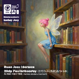 a painting of a tiny fairy flying sitting on a bookshelf, ((((library interior)))), pink hair, blue dress, profile portrait, concept art by artgerm, alex ross, ruan jia, behance contest winner, vanitas, official art, poster art, concept art