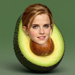 an avocado with the head of emma watson