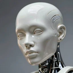 angled facial portrait of a cyberpunk bone ceramic caliente humanoid robot Spanish with an attractive bald head and handsome features, large glowing eyes, macho, piroca, dotado, guapo, reflective surface, trending on cgsociety, trending on artstation