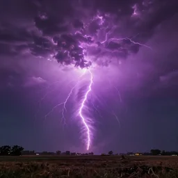purple color lighting storm with a tornado on the ground