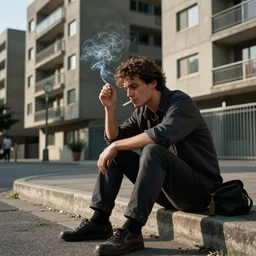 “a man sitting down on a curb looking dejected, smoking a cigarette near a brutalist apartment block.”