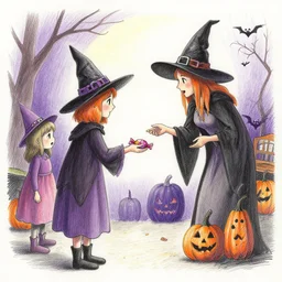 a witch handing out candy, trick or treaters halloween night, colored pencil ink wash by scott wills and ashley wood