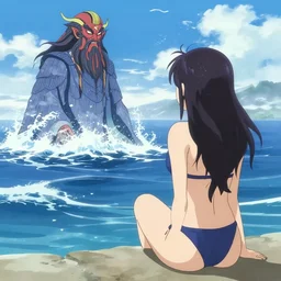A woman in a bathing suit watching as a primordial sea God rises from the ocean, Kyoto Animation still
