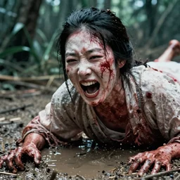 1 9 7 0 s movie still close - up of a bloody white japanese female ghost yelling screaming shouting going out of mud puddle, big teeth, swamp backround, cinestill 8 0 0 t 3 5 mm eastmancolor, heavy grain, high quality, noir, natural textures, photorealistic, ambient occlusion, hd, ultra wide lens, anamorphic, fade color