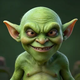 portrait of a gremlin. Green skin, pointy nose and evil grin. Detailed face. Photo 8K.