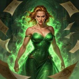 angry muscular scarlett johansson as mage, pages blowing all around, magical green aura, d & d, fantasy, intricate, elegant, highly detailed, digital painting, artstation, concept art, smooth, sharp focus, illustration, art by artgerm and greg rutkowski and alphonse mucha
