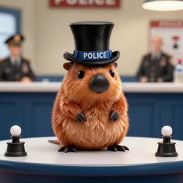 platypus wearing top hat on a table in police station by Roger Deakins