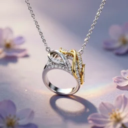 intricate!! organic, nordic ring and necklace, silver and gold and diamond, isolated on a dreamy floral background, refraction, occlusion, lower and upper levels, keyshot render, octane render, vray render