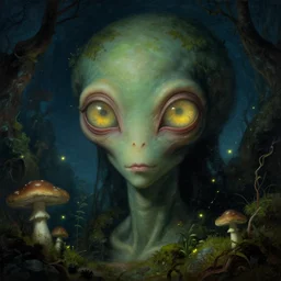 a close - up rococo portrait of an alien. giant glowing eyes. surrounded by moss, mushrooms, and swamp, 1 8 th century painting by jean - honore fragonard and moebius. fireflies, night time. gloomy blue green environment, blurry organic dark background. sci - fi fantasy renaissance masterpiece. artstation