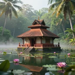 a little kerala temple built on a beautiful pond, water lily, tropical forest, Floating particles, mist, b magical mood, early morning 8k, octane rendering