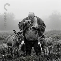 1 9 7 0 s movie still by tarkovsky of one giant obese old bald man eating meat in dirty medieval clothes with one tiny donkey in a mossy swamp, cinestill 8 0 0 t 3 5 mm b & w, heavy grain, high quality, noir, natural textures, photorealistic, ambient occlusion, hd, mud, fog, criterion collection, by sebastao