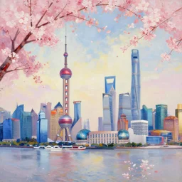 the abstract painting of a panorama of shanghai full of sakura illustration by leonid afremov - n 4