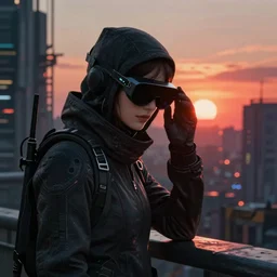 beautiful cyberpunk assassin with night vision goggles, dramatic light, sunset, cyberpunk city in the background, gorgeous view, depth, painted by Caspar David Friedrich, tending on artstation