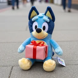 blue'snappy gifts'plush doll, on sidewalk, handing out gifts, happy atmosphere, high detail, soft lighting, 8 k