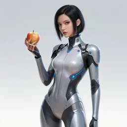 a woman in a futuristic suit holding an apple, cyberpunk art by adam manyoki, cgsociety, funk art, sci - fi, synthwave, ilya kuvshinov