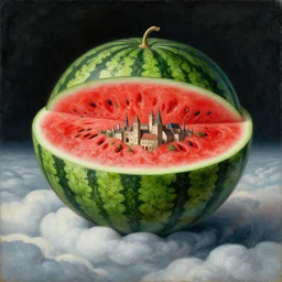A painting of a levitating giant watermelon, sliced in half, with a medieval town on it, above a sea of clouds by Hieronymus Bosch