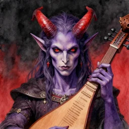 detailed, symmetrical, close - up, airbrush art portrait of a level 5 tiefling d & d bard | he has purple skin and red horns | he holds a lute | background is black and red in watercolor