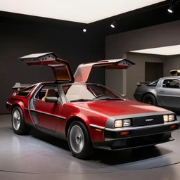 delorean futuristic concept car, ruby red, gull - wing doors open, professional showroom photography, ambient lighting