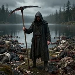 a man in a dark hood wieling a scythe with blood on it stand by a lake full of dead bodies, intricate details, by greg rutowski, 8 k, octane render, high resolution