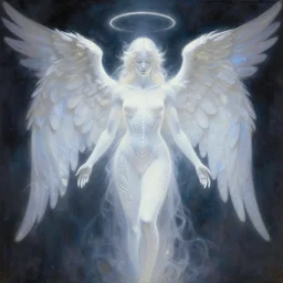 ethereal glowing white angel dmt deity, tribal repeating patterns, tim hildebrandt, wayne barlowe, bruce pennington, donato giancola, trending on artstation, cinematic composition, beautiful lighting, hyper detailed, 8 k, oil on canvas