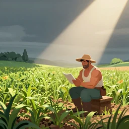bodybuilder farmer surveying his crops, digital 2d fantasy art