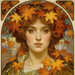 realistic detailed face portrait of a beautiful young medieval queen of Autumn Maple trees by Alphonse Mucha, Ayami Kojima, Amano, Greg Hildebrandt, and Mark Brooks, Art Nouveau, Neo-Gothic, gothic