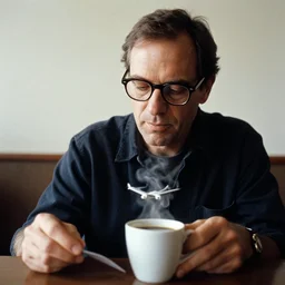 portrait of a man with eye glasses reading. plane swimming in his coffee. steve mccurry