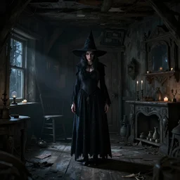 a witch standing in the shadows on the inside of a decrepit cottage at night, highly detailed interior, by Bastien LeCouffe-Deharme, hyperrealistic, Cryengine 8k UHD