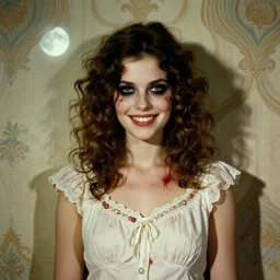 a handsome but creepy, sinister, smiling young woman, with haunted eyes and curly hair, wearing a nightdress, 1 9 7 0 s, seventies, wallpaper, a little blood, moonlight showing injuries, delicate embellishments, painterly, offset printing technique, by brom, robert henri, walter popp