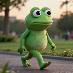 pepe the frog walking by in summer dawn, in style by matt furie, positive atmosphere, cool vibes, deep depth field, masterpiece, cinematic composition, hyper - detailed, hd, hdr
